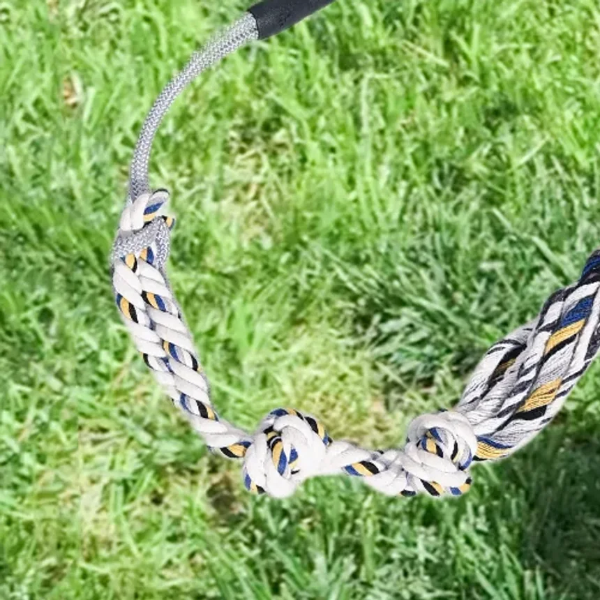 Dog mid-sprint on grass chasing the braided rope lure of a flirt pole